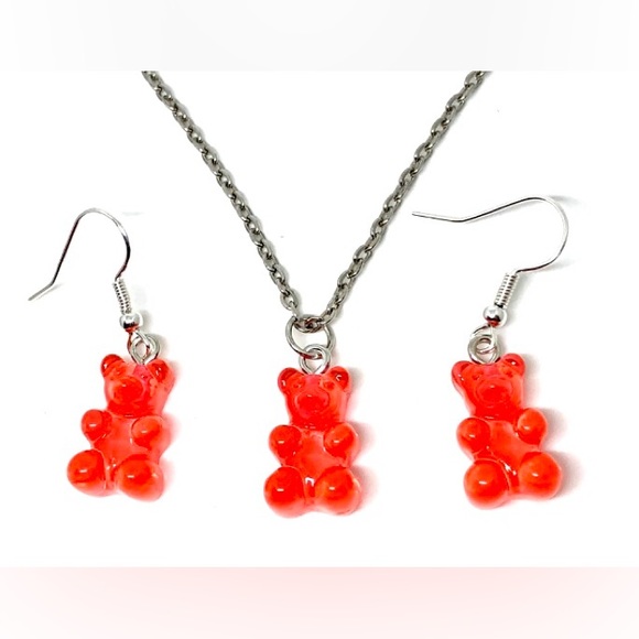 Hand Crafted Other - Orange Red Gummy Bear Pendant Necklace and Earrings Set Acrylic Kawaii Kitschy